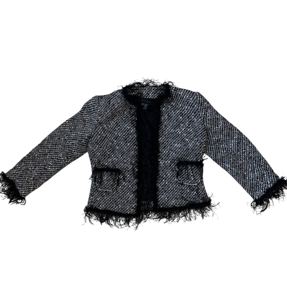 Zara Woman Tweed Fringe Jacket Black White Herringbone Wool Blend Blazer Size 8